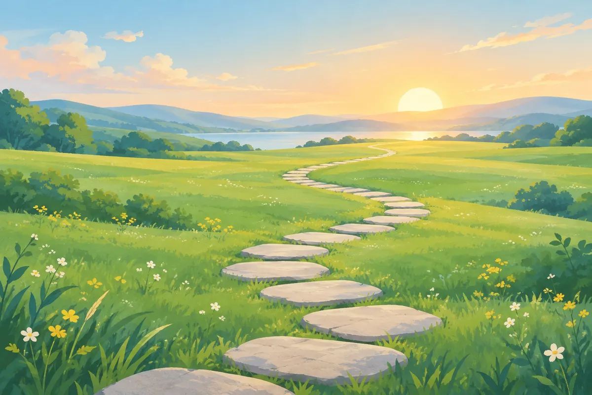 Camino de piedras que cruza un prado tranquilo hacia el amanecer, una imagen de avanzar a tu ritmo