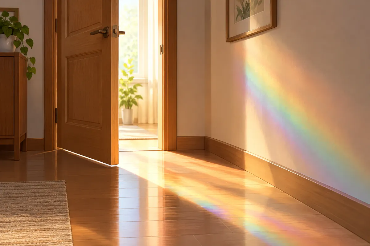 Puerta entreabierta con luz cálida y un suave reflejo de colores en la pared, símbolo de dar un primer paso con calma