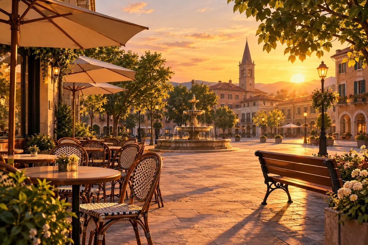 Plaza tranquila al atardecer con una terraza de café vacía, ejemplo de lugar público para una primera cita