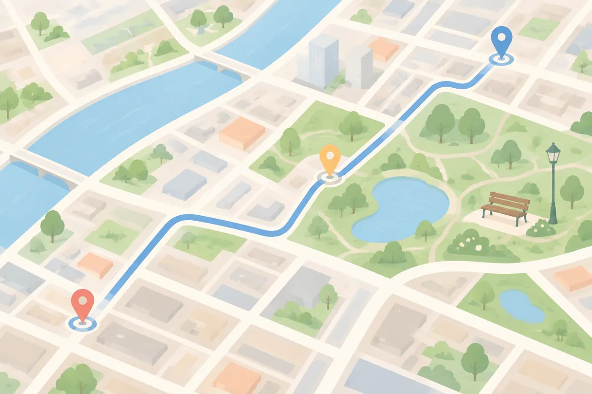 Ilustración de un mapa urbano con un camino sinuoso, marcadores y un banco en un parque en tonos pastel