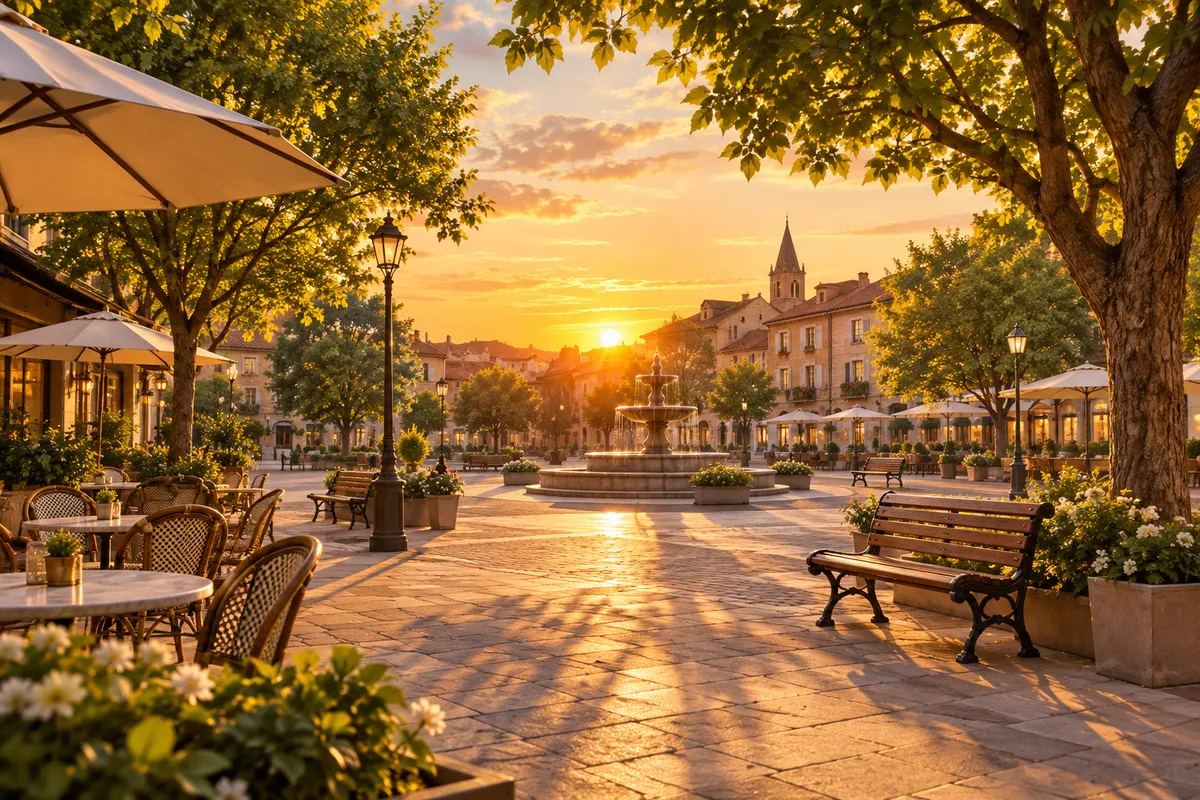 Plaza tranquila con bancos y terrazas al atardecer