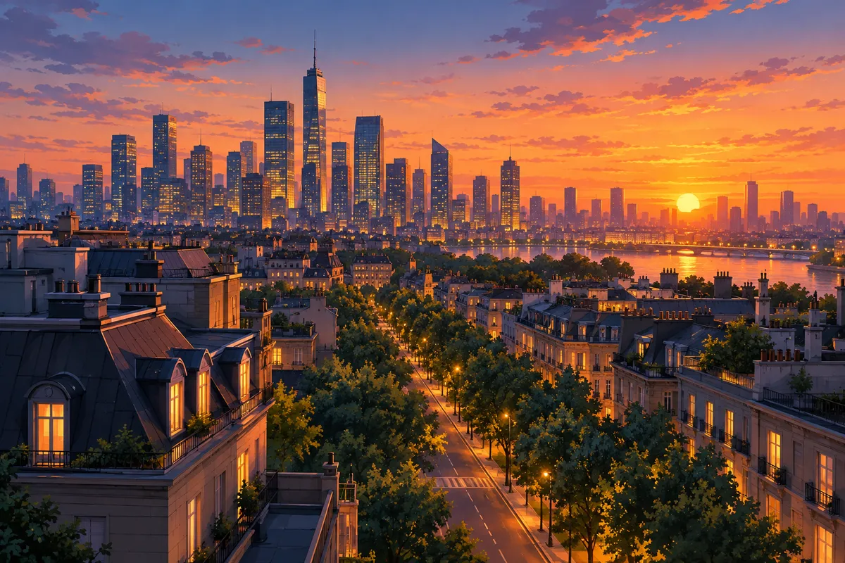 Ilustración de una gran ciudad al atardecer con luces cálidas y calles arboladas