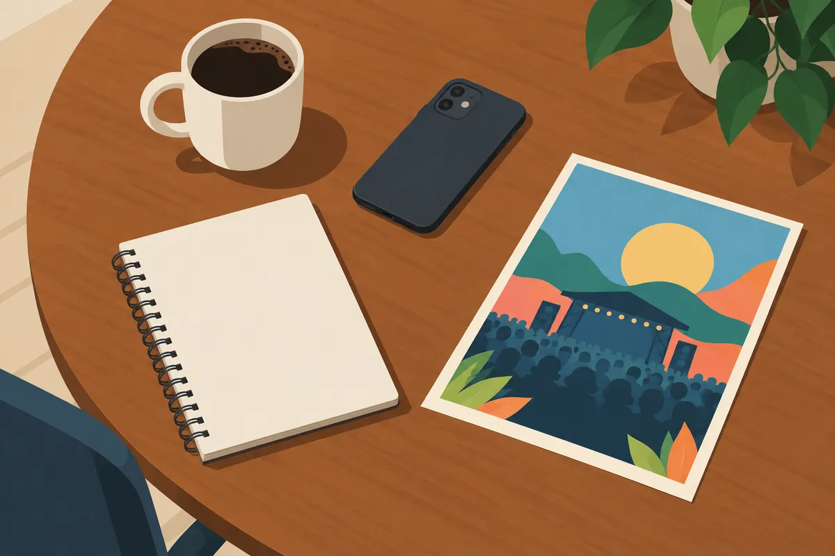 Mesa con libreta, café y móvil boca abajo que simboliza combinar las apps con otras formas de conocer gente