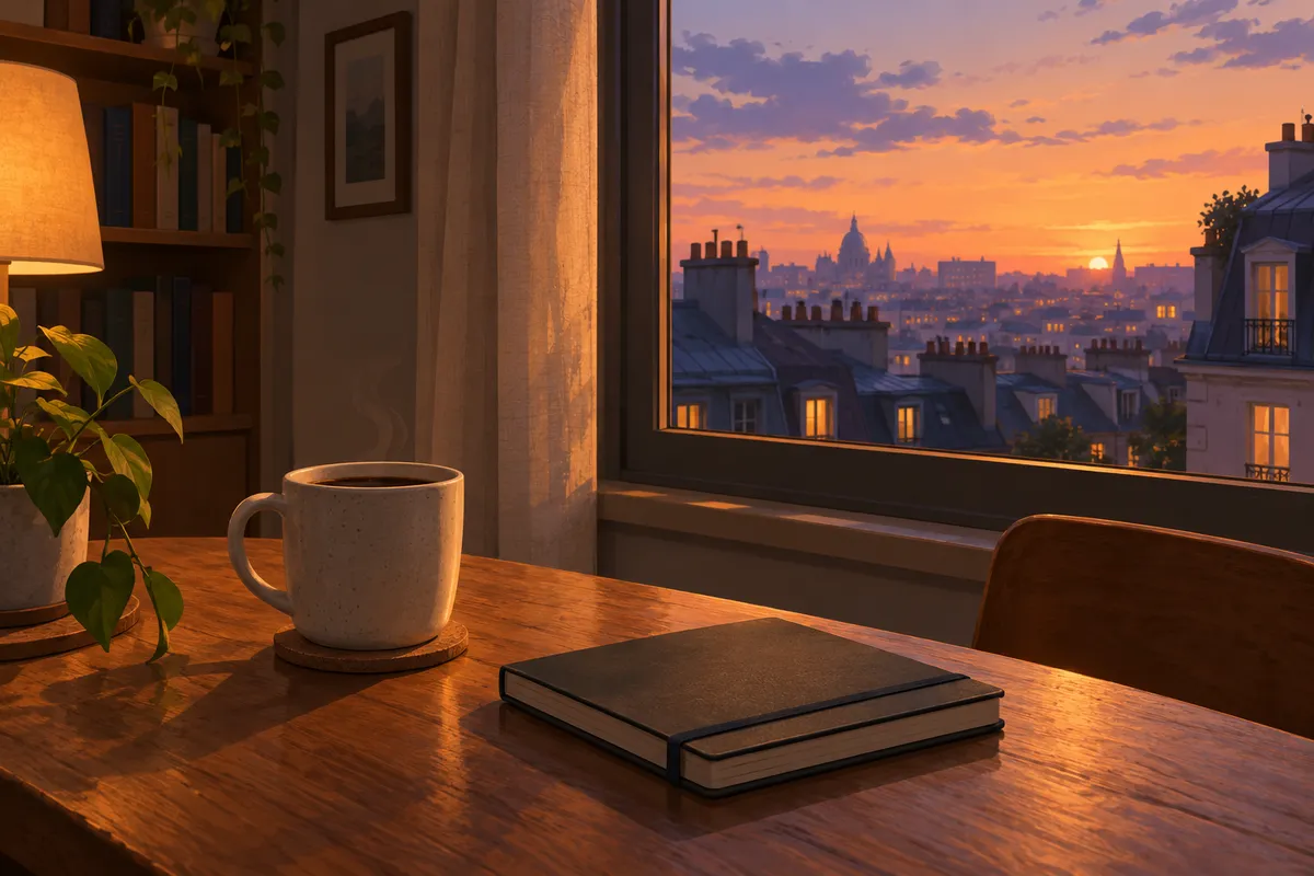 Mesa junto a una ventana al atardecer con una taza de café y una libreta, con tejados de ciudad al fondo