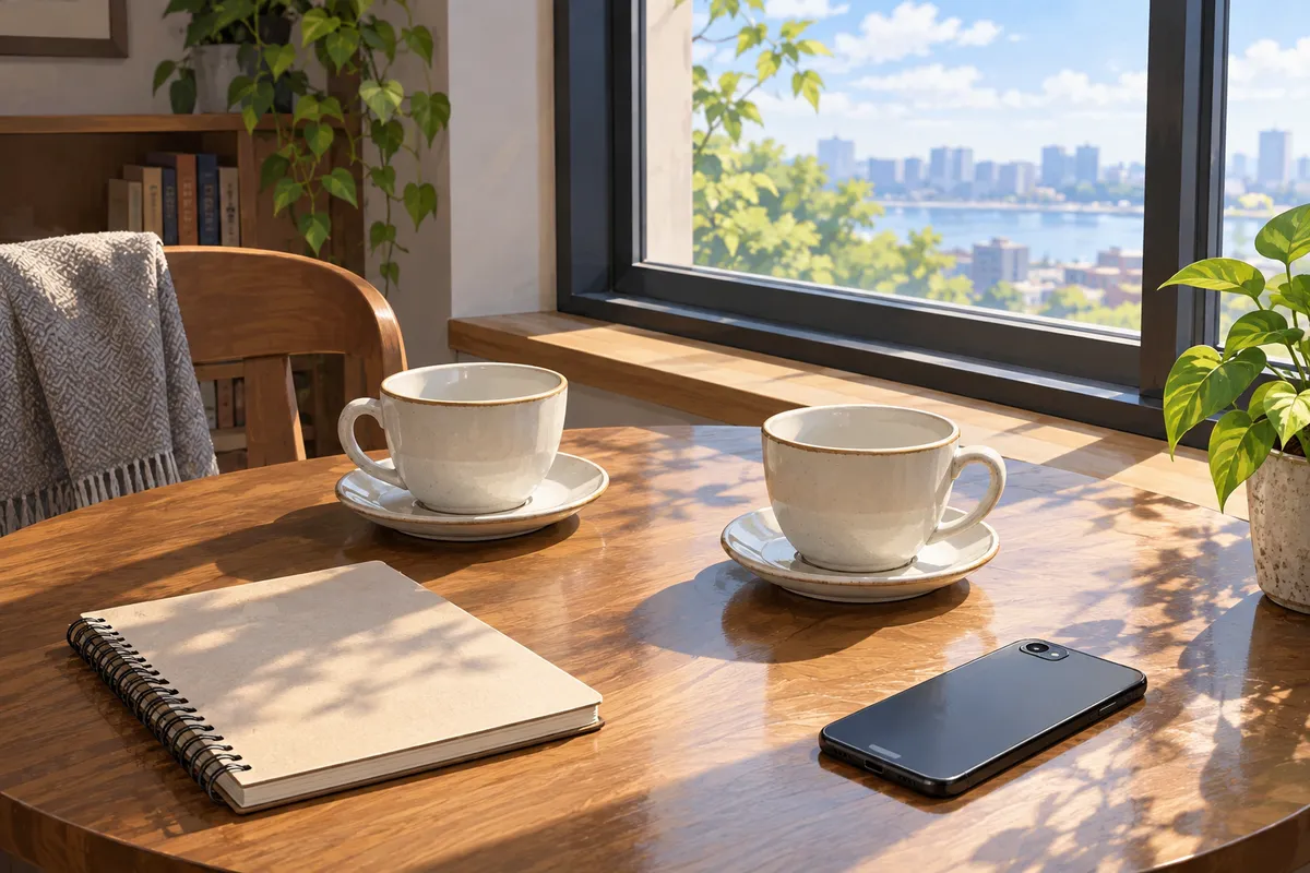 Mesa junto a una ventana con dos tazas de café y una libreta, una imagen tranquila para una primera cita en un lugar público