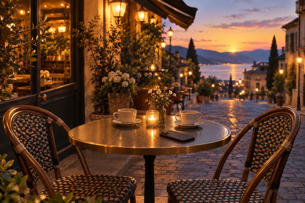 Terraza tranquila al atardecer con dos sillas vacías y un móvil sobre la mesa, imagen ilustrativa sobre quedar con prudencia