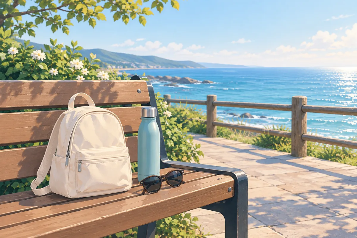 Mochila, botella de agua y gafas de sol sobre un banco junto a un paseo costero, imagen ilustrativa de un plan al aire libre