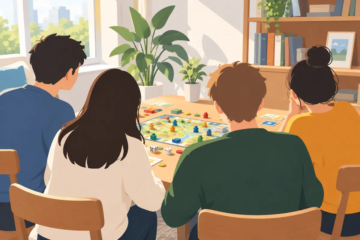 Ilustración de varias siluetas de espaldas compartiendo una mesa con juegos de mesa en una sala luminosa
