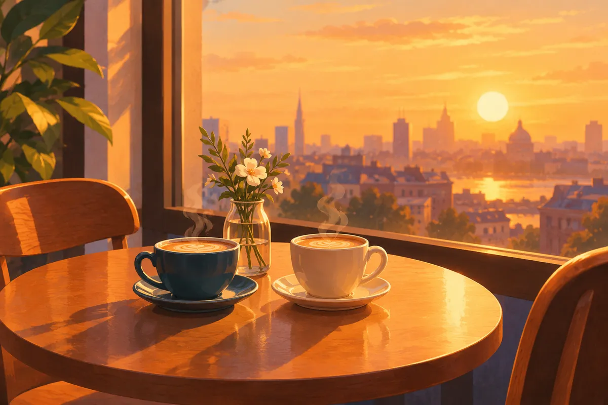 Ilustración de dos tazas de café en una mesa junto a una ventana al atardecer, con una ciudad suave al fondo