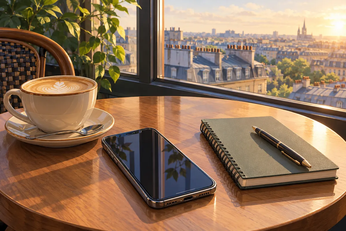 Ilustración de un móvil junto a una taza de café y una libreta en una mesa con vistas a tejados urbanos
