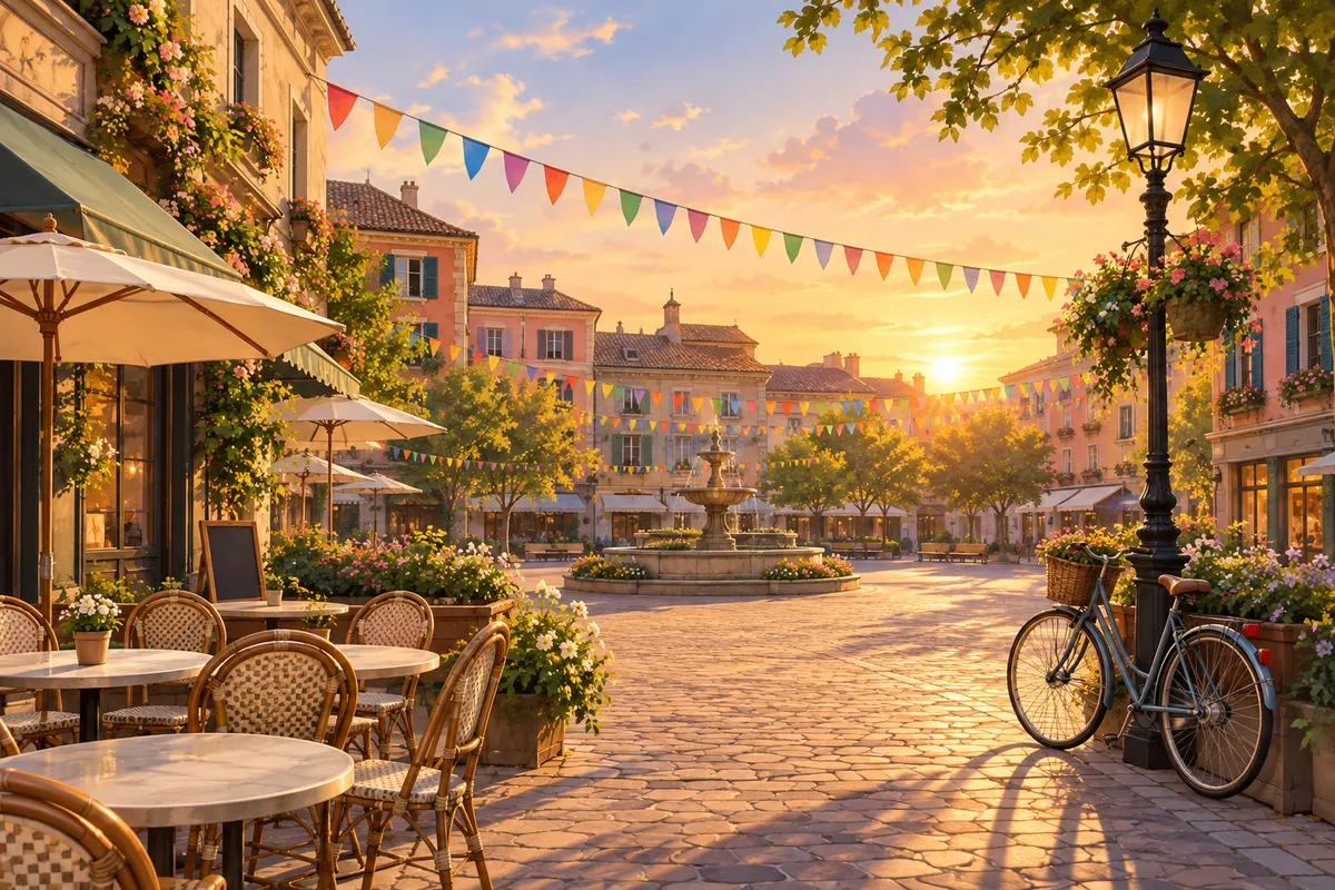 Plaza de ciudad al atardecer con banderines de colores y mesas de café vacías, una imagen tranquila sobre conocer gente