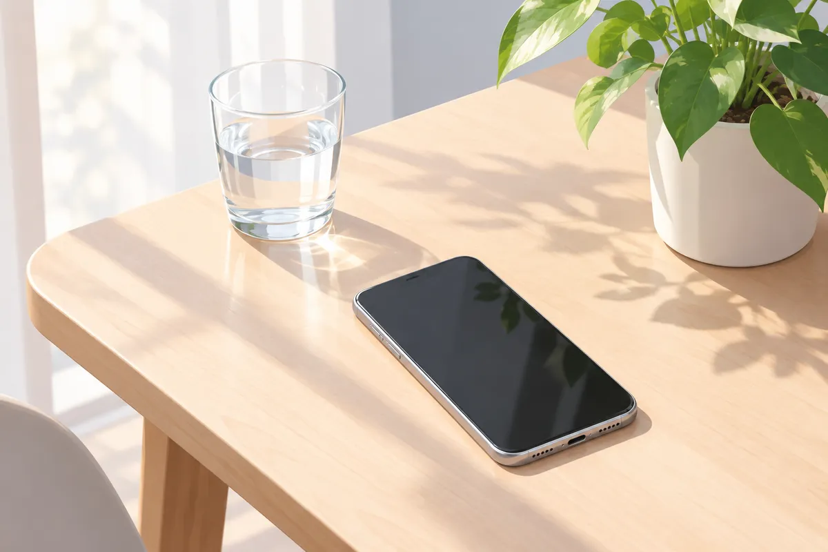 Teléfono móvil sobre una mesa junto a un vaso de agua y una planta pequeña, con luz suave de día