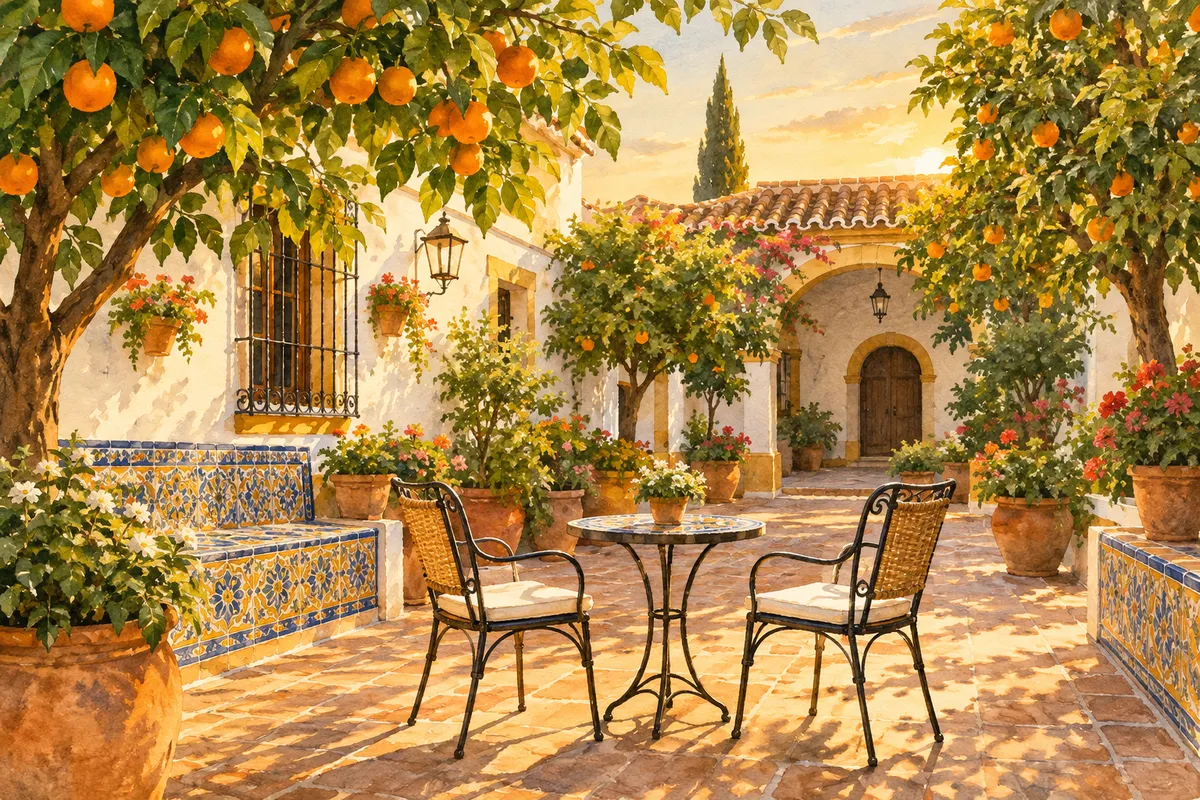 Ilustración de un patio andaluz con naranjos y dos sillas de café vacías al atardecer