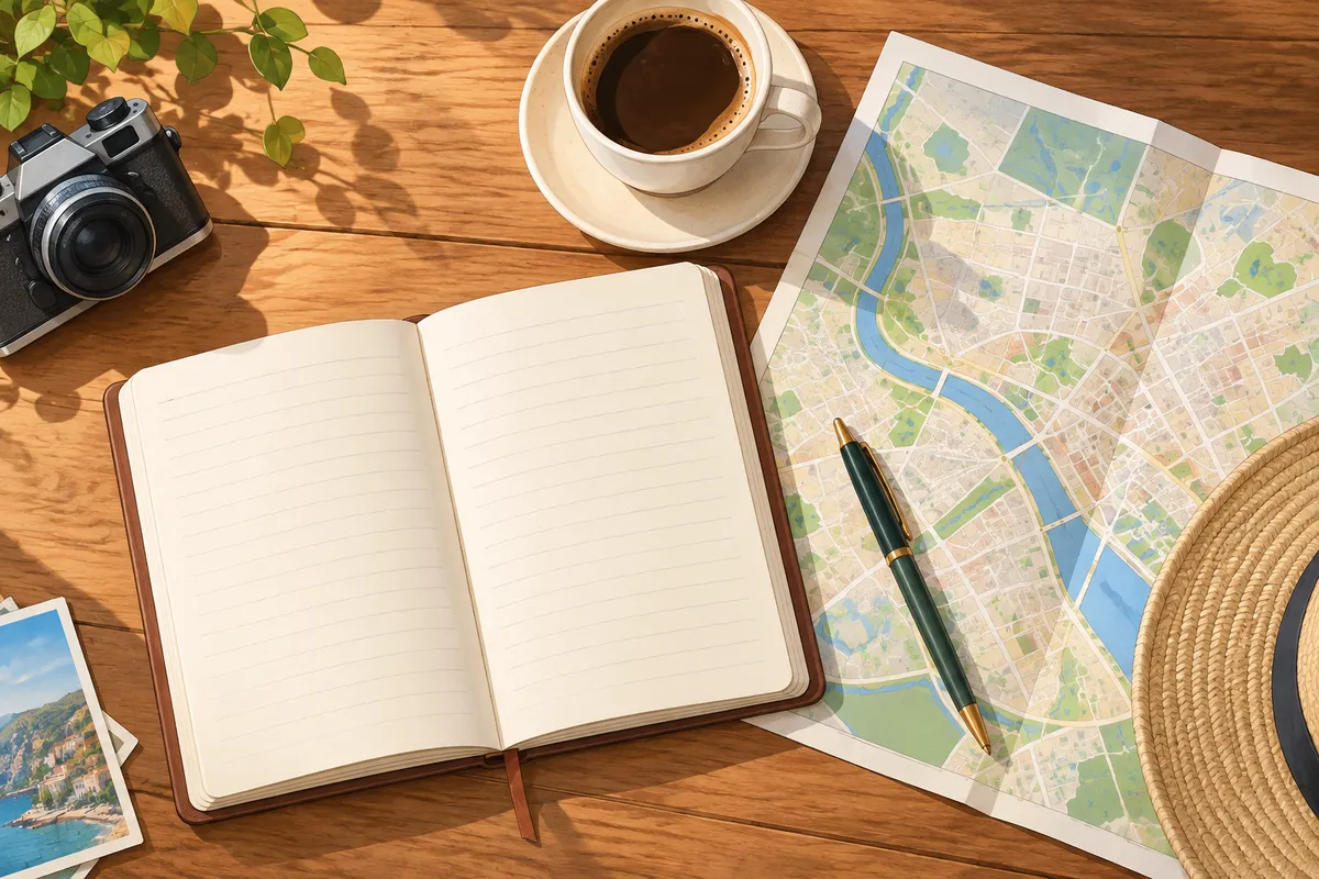 Cuaderno, café y plano de ciudad sobre una mesa de madera