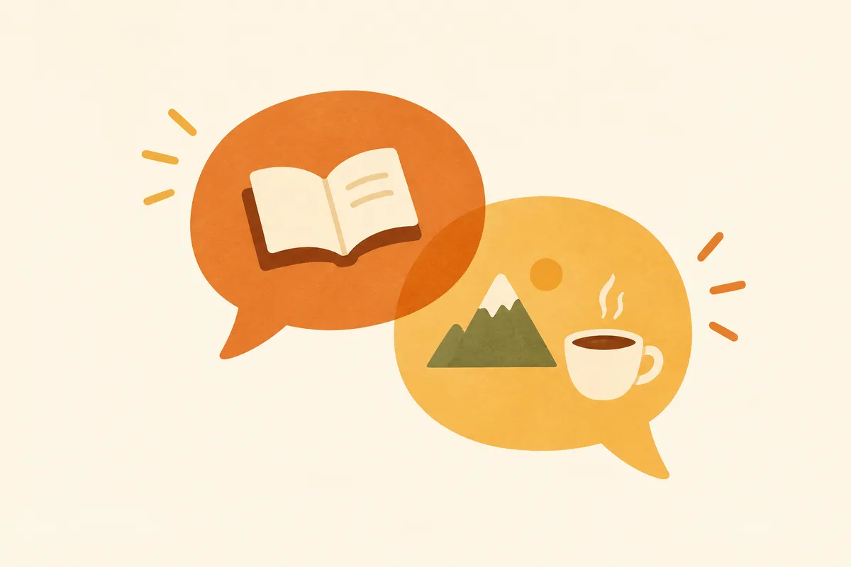 Dos burbujas de conversación con iconos de un libro, una montaña y un café que representan intereses en común