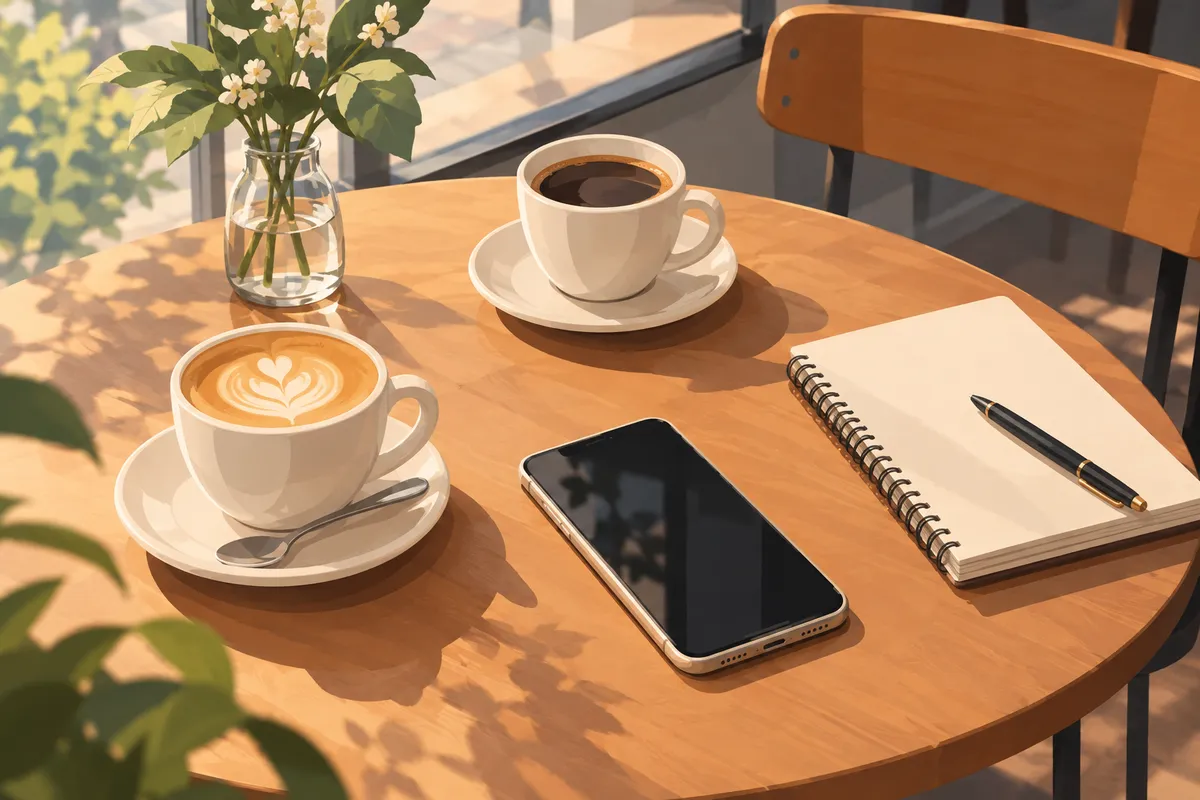 Móvil sobre la mesa de una cafetería junto a dos cafés y una libreta, imagen ilustrativa
