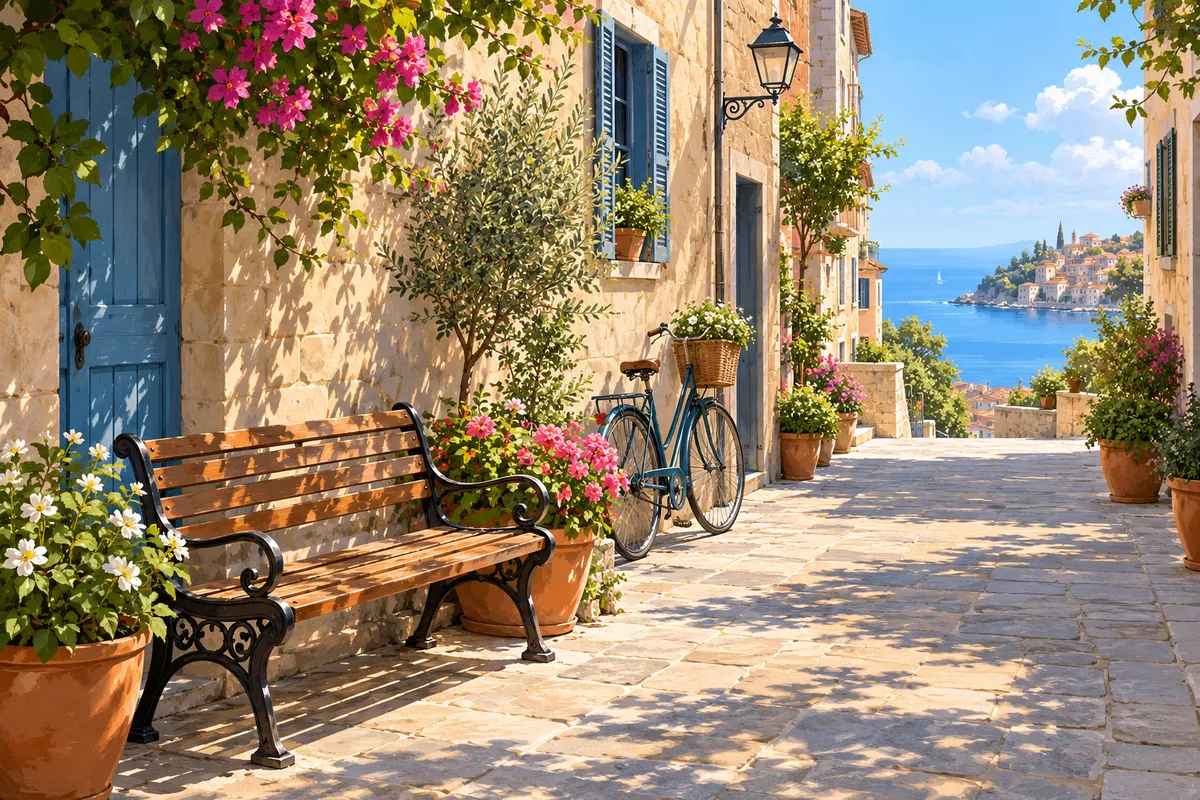 Ilustración de una calle peatonal tranquila de una ciudad mediterránea con un banco, plantas y una bicicleta