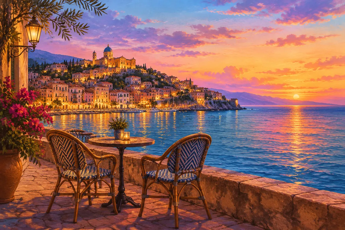 Ilustración de una ciudad mediterránea al atardecer con un paseo marítimo y dos sillas de café vacías