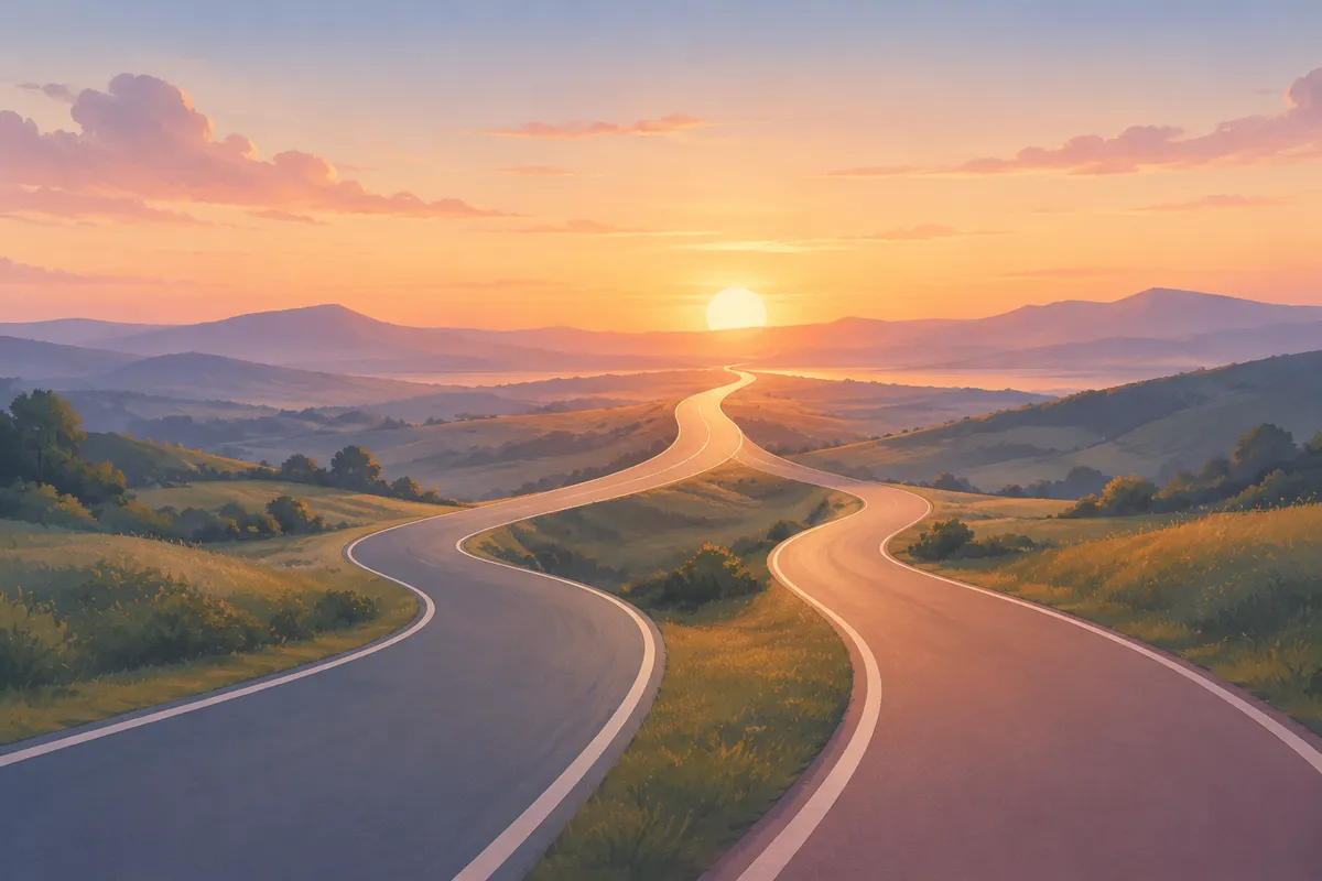 Dos caminos que se unen poco a poco en uno solo al atardecer, metáfora de ir a ritmos distintos