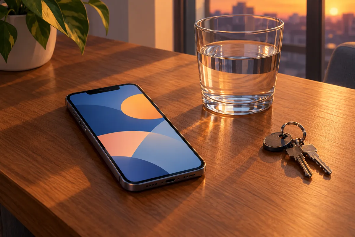 Móvil sobre una mesa de madera junto a un vaso de agua y unas llaves, con luz de atardecer