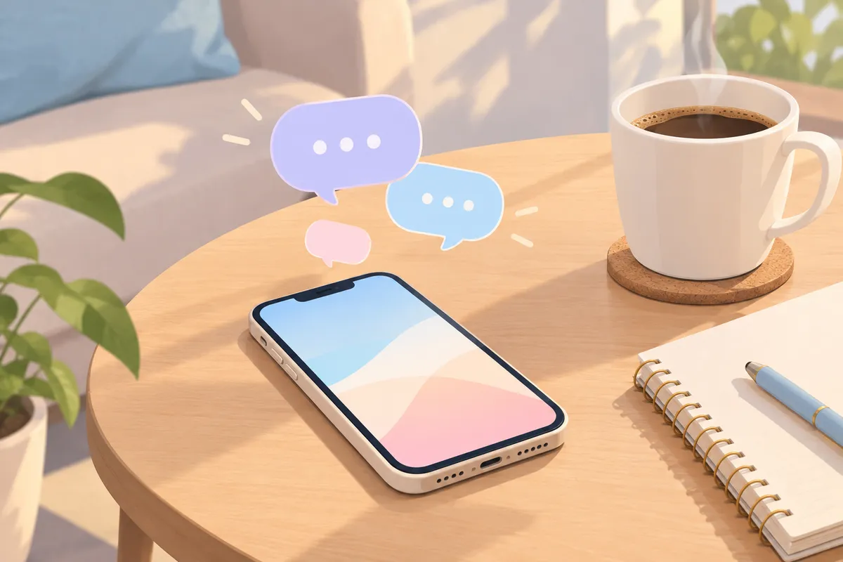 Móvil sobre una mesa junto a una taza de café y una libreta, con globos de conversación