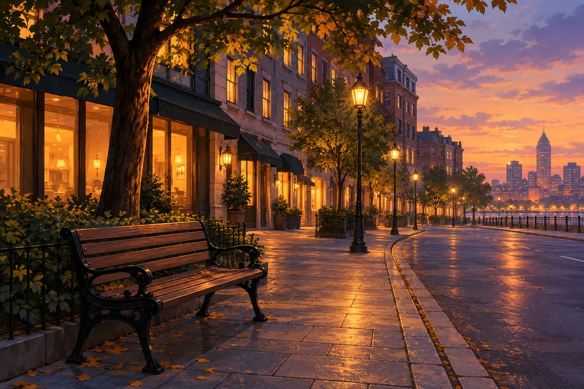 Calle tranquila al atardecer con luces cálidas y un banco bajo un árbol, ambiente sereno para ir a tu propio ritmo