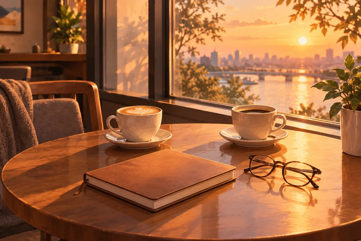 Mesa de cafetería con dos tazas y una libreta junto a una ventana, ambiente tranquilo de tarde