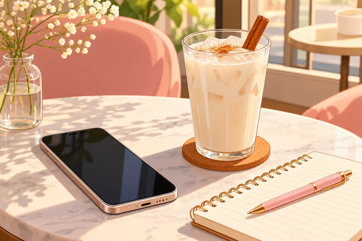 Móvil sobre la mesa de una cafetería junto a una bebida fría y una libreta