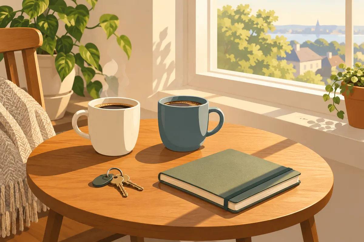 Dos tazas de café en una mesa junto a una ventana, una imagen tranquila que evoca construir algo con calma
